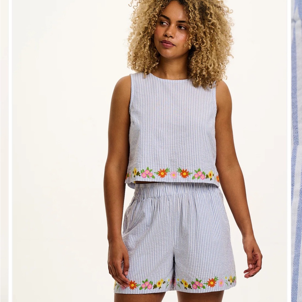 Lucy and Yak Seersucker Blue Striped Shorts with Floral Embroidery
